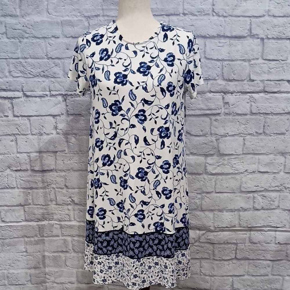 J. Jill Blue and White Sundress Short Sleeve Crew Neck Mini